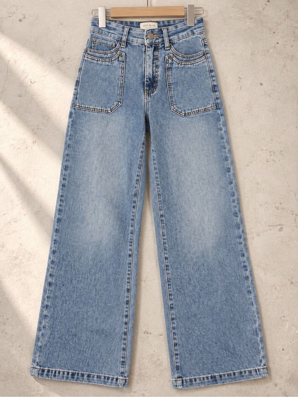 Saige Denim Tummy Control High Rise Wide Leg Jeans Patch Pocket Medium Wash NEW - Picture 8 of 8